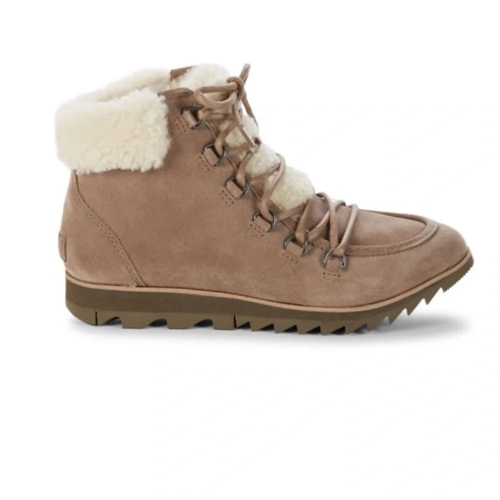 Sorel Sherpa Trim Harlow Lace Up Bootie Taupe Leather  Waterproof Women's Sz 9